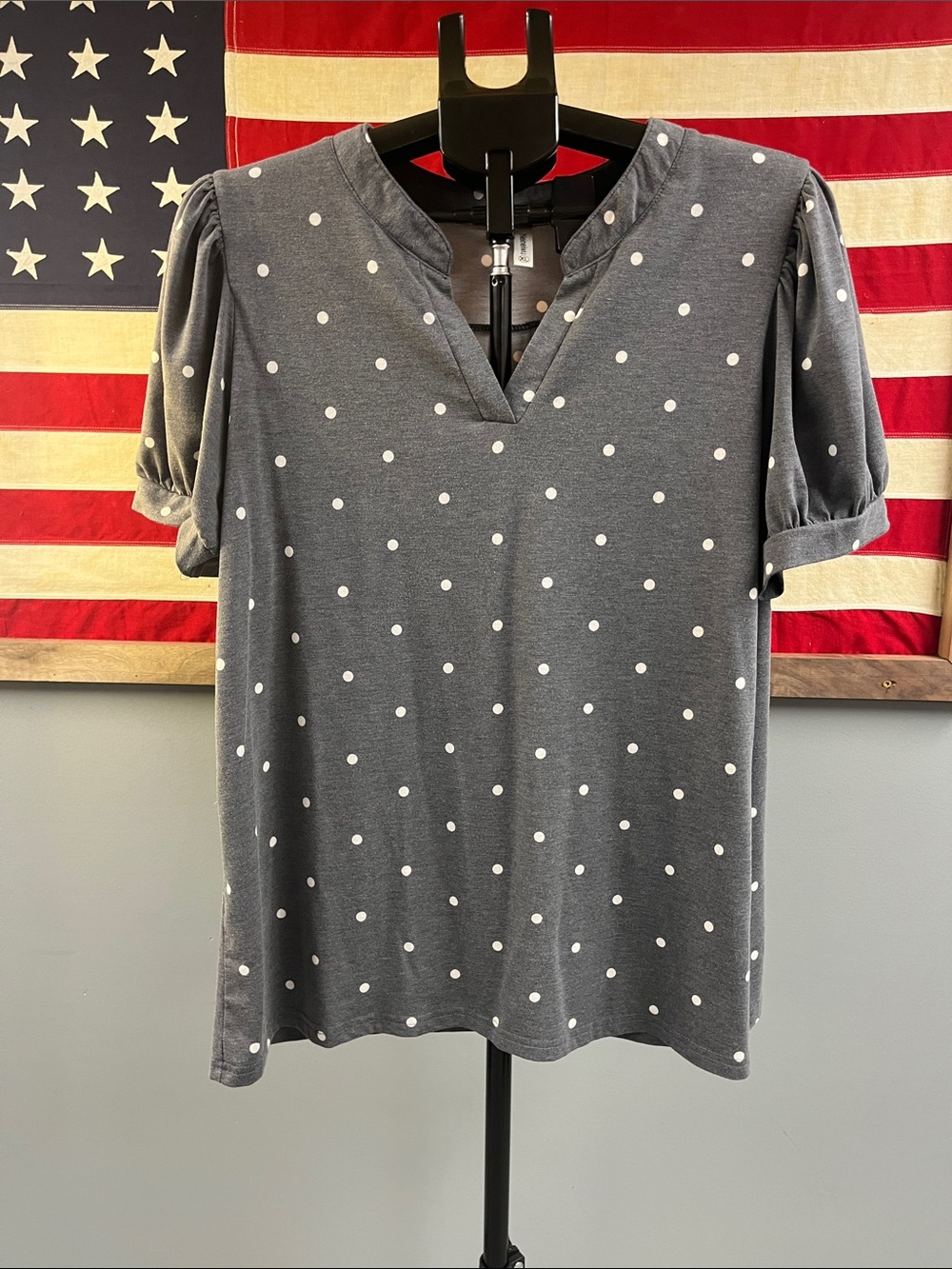 Women's Charcoal Polka Dot V-Neck Short Sleeve Top